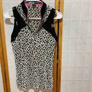 Jamie Sadock Black and tan spotted golf shirt.